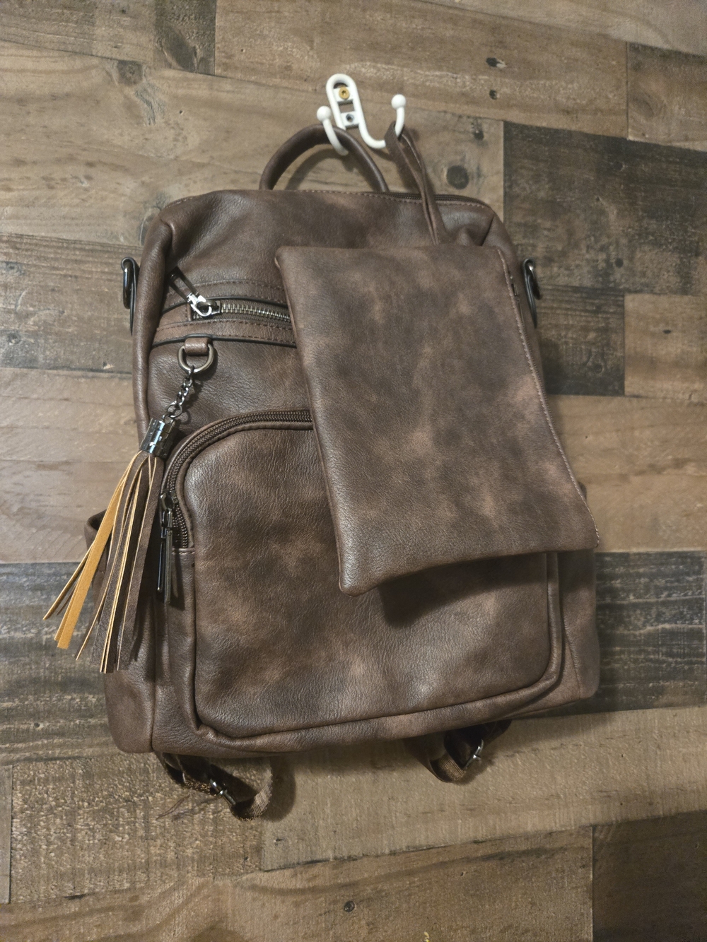 Brown Faux Leather  Backpack with Tassel Pouch